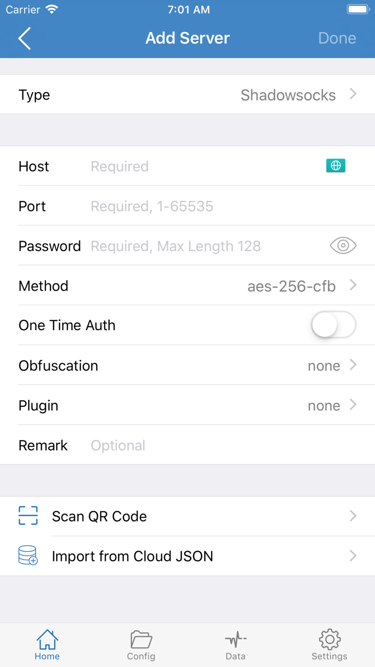 Official Shadowrocket Add Server screenshot showing Type, Host, Port, Password, Method, and import options at the bottom